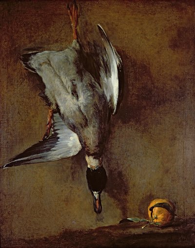 Un canard colvert accroché à un mur avec une orange de Séville, 1720-30 - Jean Baptiste Simeon Chardin